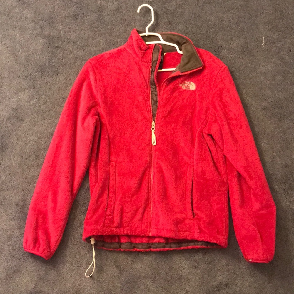 Pink fuzzy north face jacket